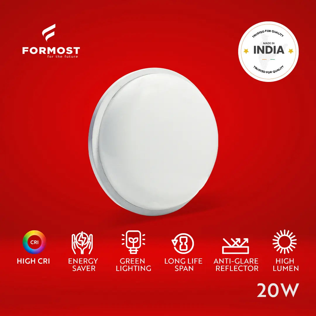 Formost LED light fixture on a red background with brand logo and product features.