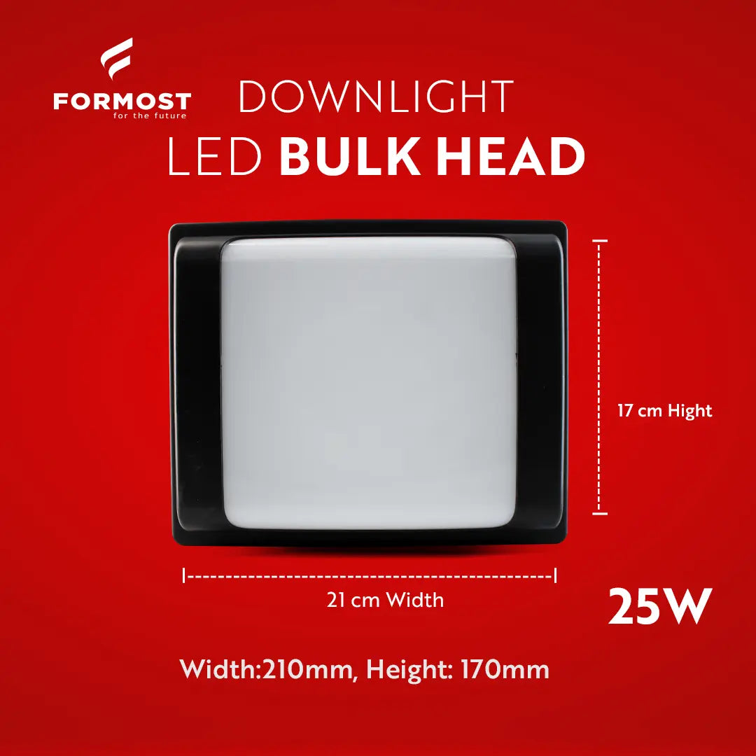 Formost downlight LED bulk head on a red background with dimensions and wattage displayed.