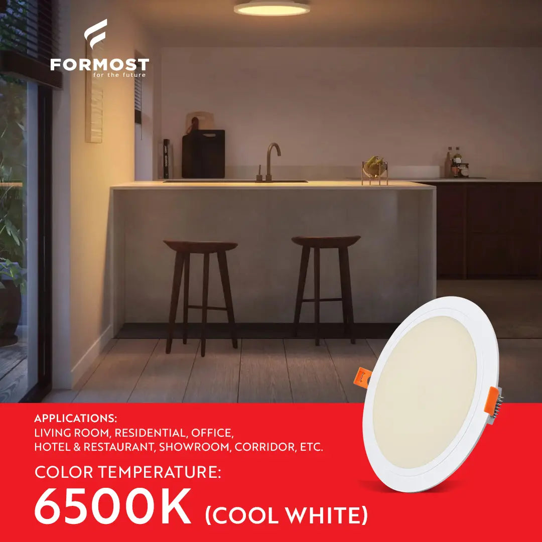 Modern kitchen interior with Formost LED downlight on a red banner