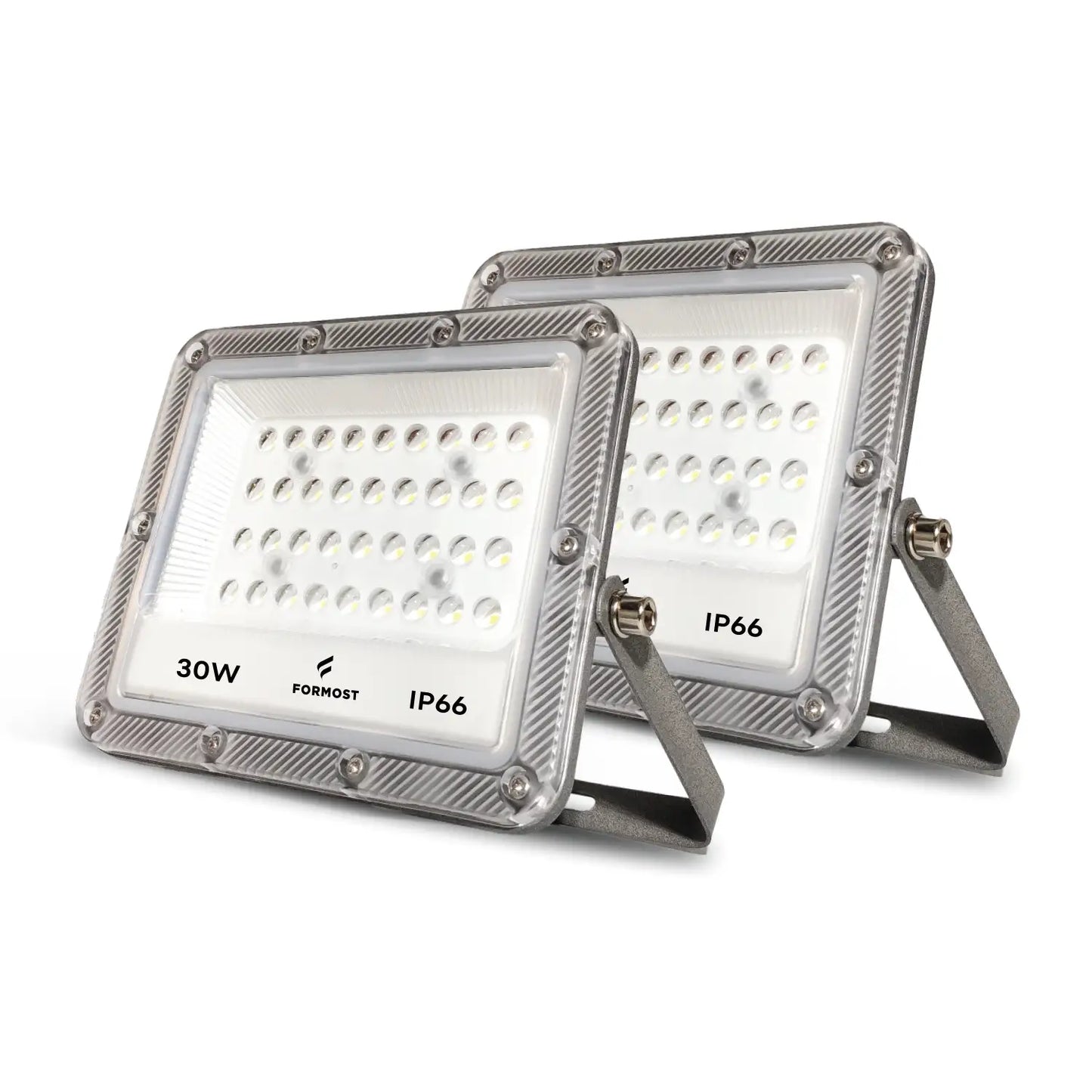 Two LED flood lights with specifications on a white background