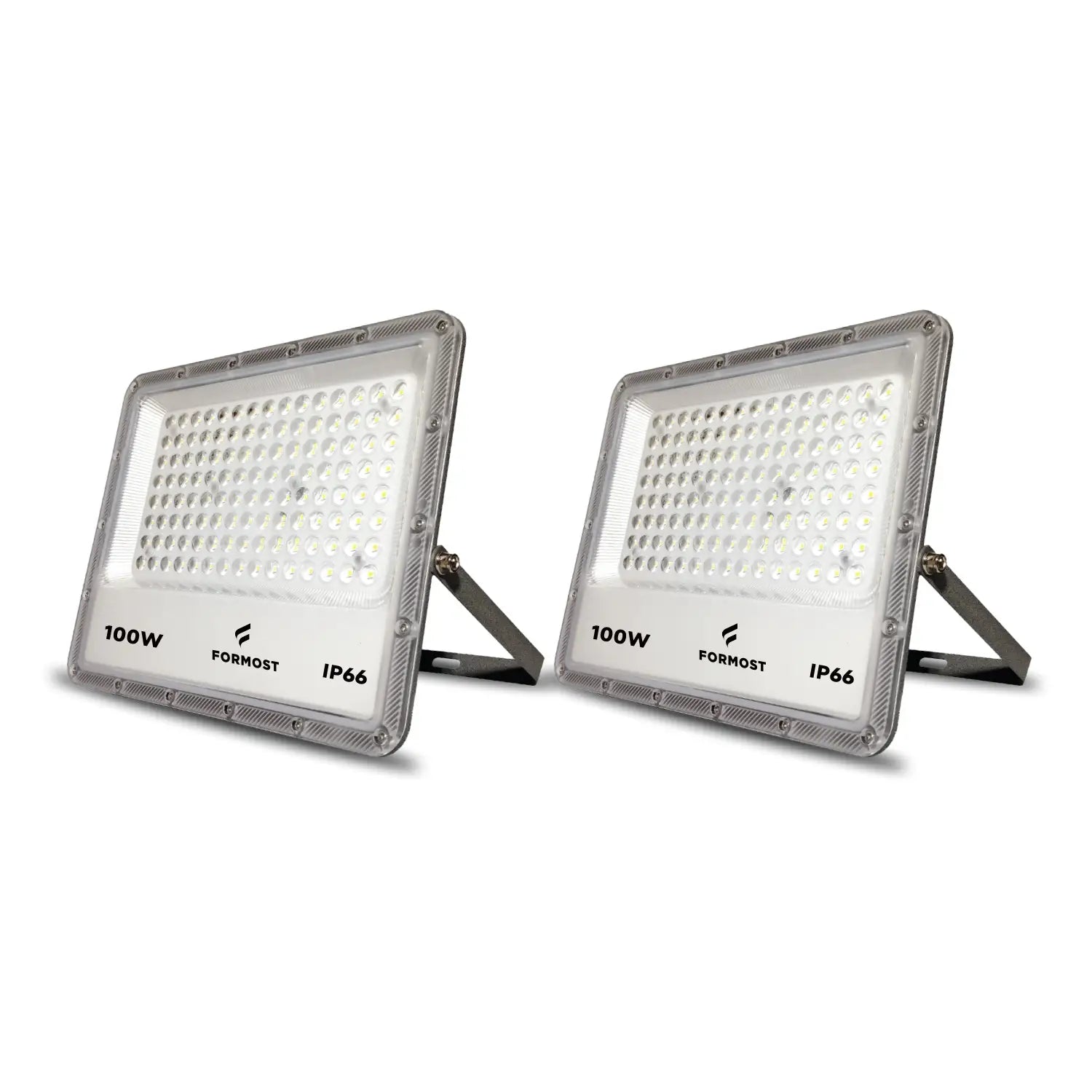 Two 100W LED flood lights with 'Formost' branding on a white background