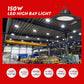 150W LED High Bay Light in a warehouse setting with product features displayed.