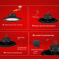 Step-by-step installation guide for a high-bay light on a red background