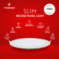 Formost slim recess panel light on a red background with features listed.