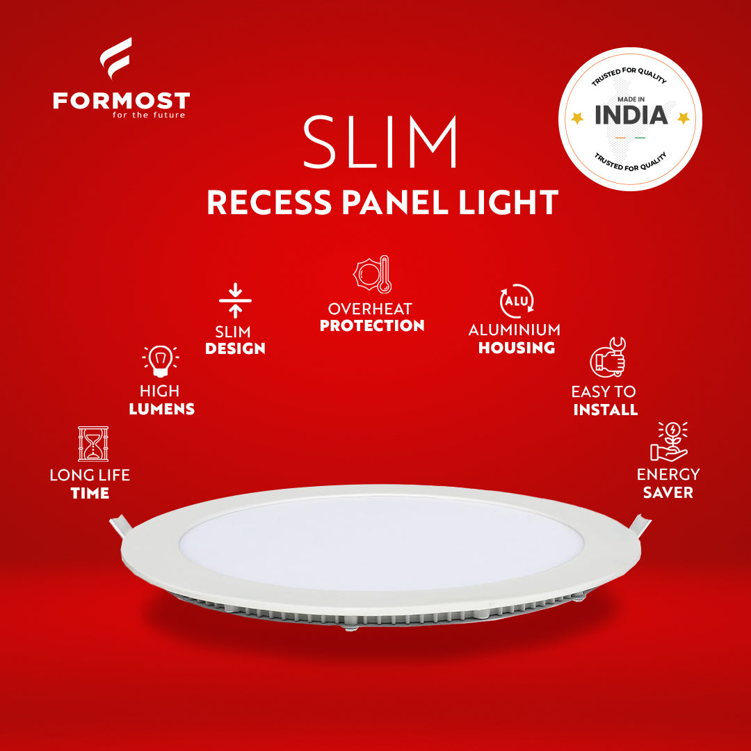 Formost slim recess panel light on a red background with features listed.