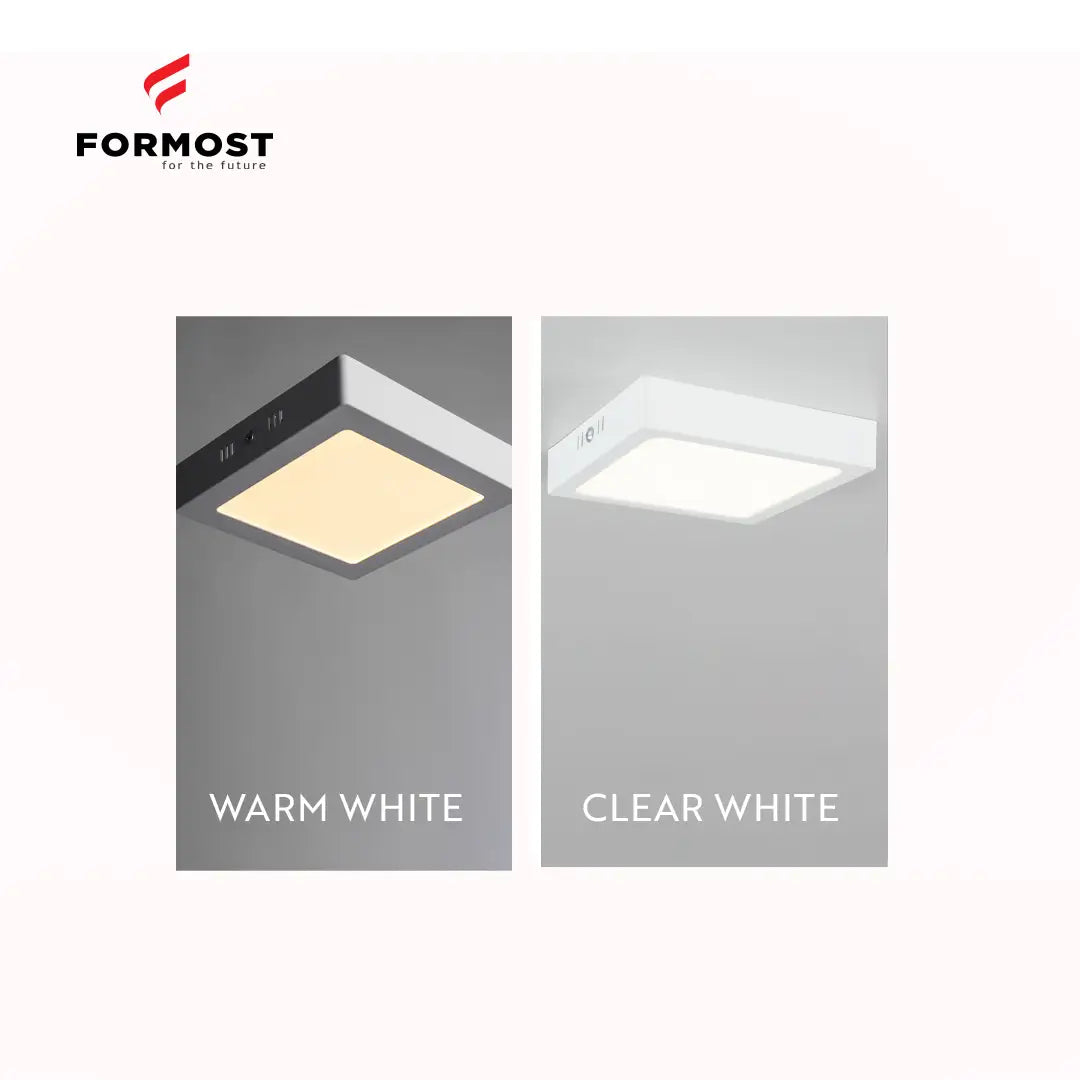 Two square ceiling lights labeled 'Warm White' and 'Clear White' with Formost logo above.
