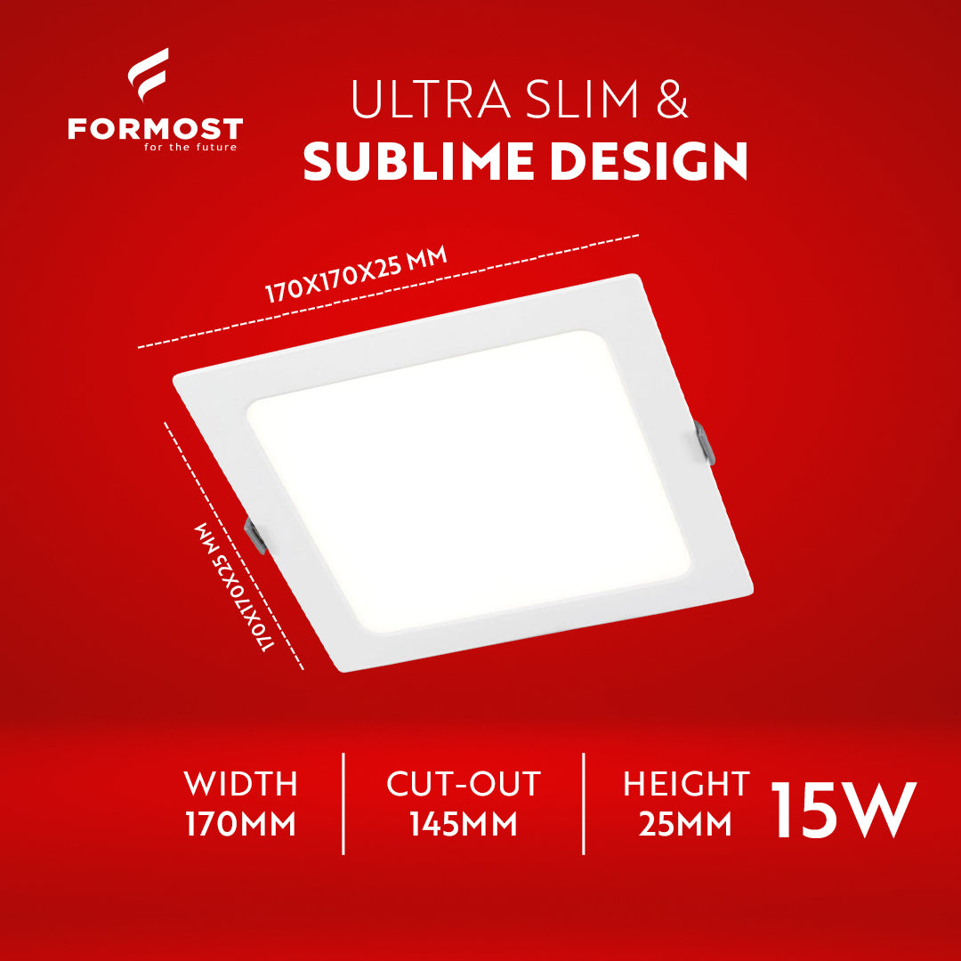 Formost LED panel light with dimensions and specifications on a red background