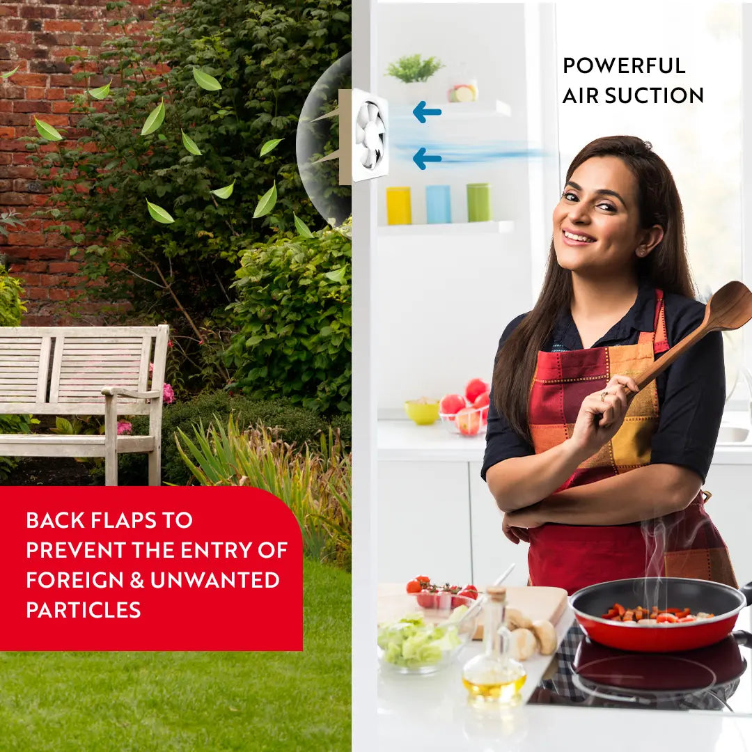 Woman cooking outdoors with a garden scene and air suction graphic.