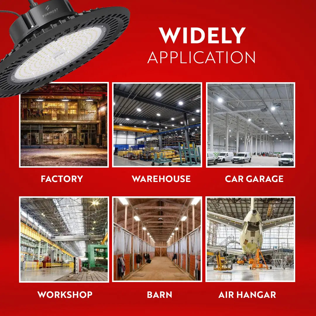 LED high-bay light fixture with applications in factory, warehouse, car garage, workshop, barn, and air hangar on a red background.