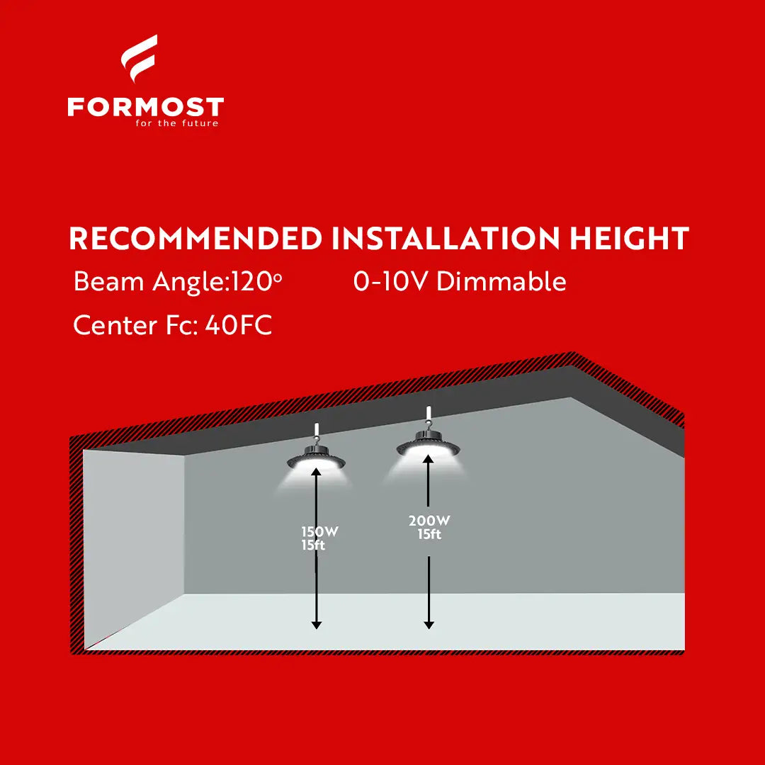 Formost lighting product with installation height diagram on a red background