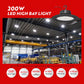 200W LED High Bay Light in a warehouse setting with product features displayed.