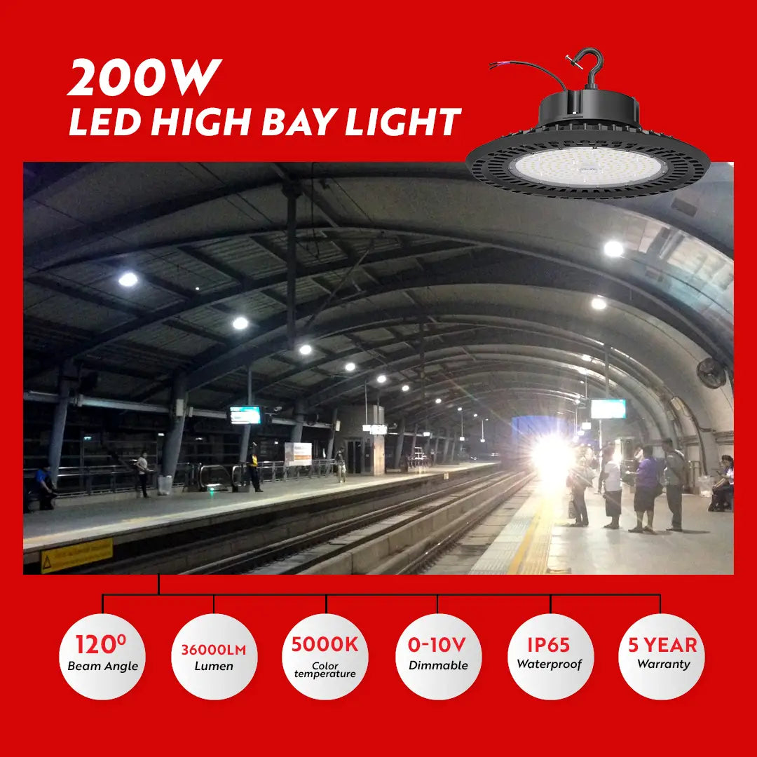200W LED High Bay Light in use at a train station with product features displayed on a red background.