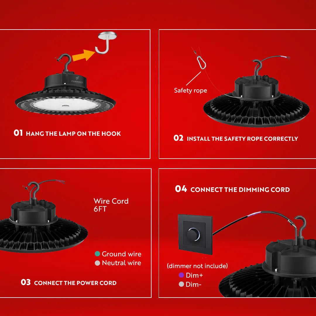 Step-by-step installation guide for a high-bay light on a red background
