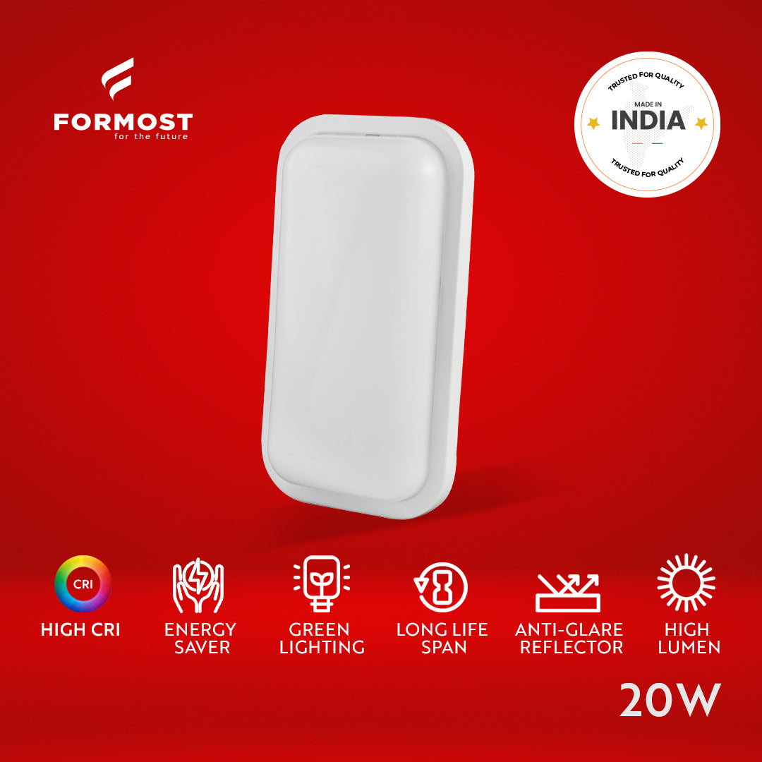 White LED light bulb on a red background with Formost branding and product features.