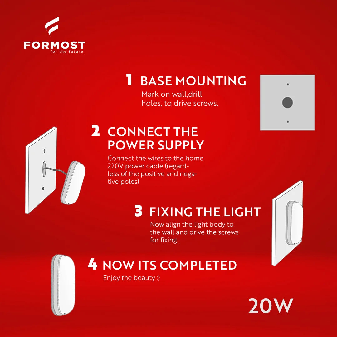 Step-by-step installation guide for Formost light fixture on a red background