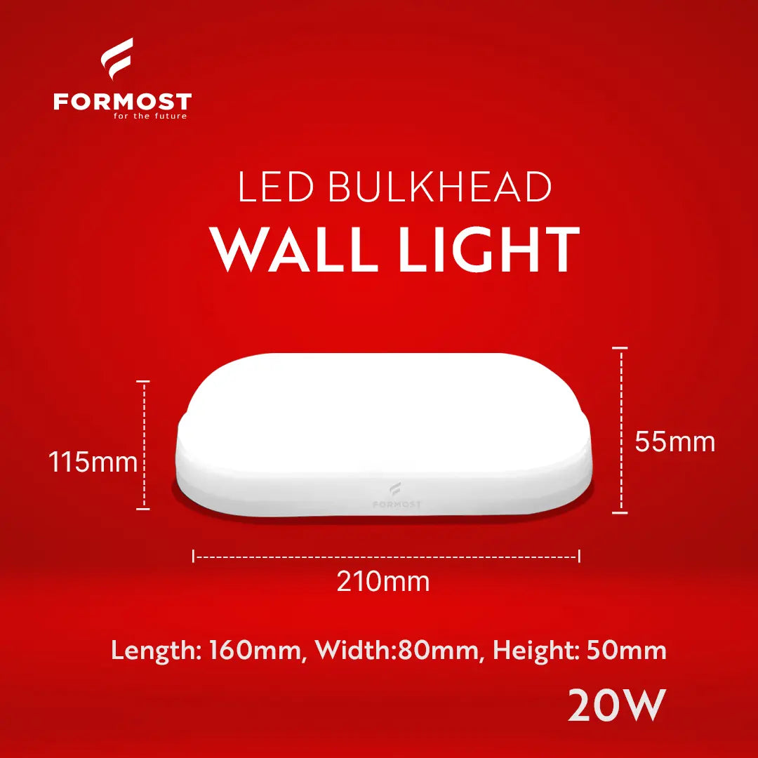 LED bulkhead wall light with dimensions and Formost branding on a red background