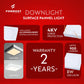 Formost downlight surface panel light advertisement with features and specifications on a red background