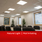 Meeting room with natural light coming through windows, text 'Natural Light | Not Irritating' at the bottom.