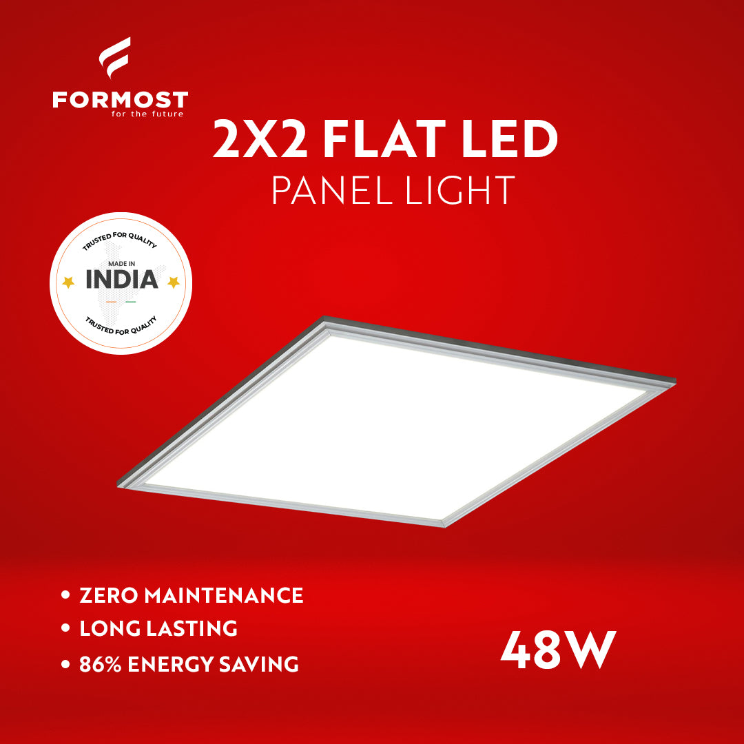 Formost 2x2 flat LED panel light on a red background with product features listed.