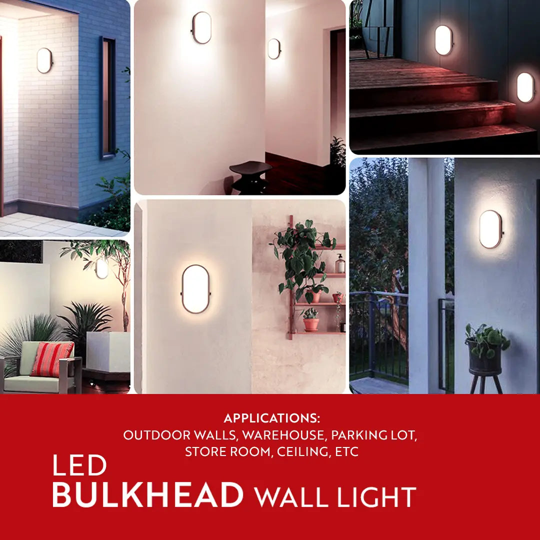 Collage of LED bulkhead wall lights in various settings with text on applications.