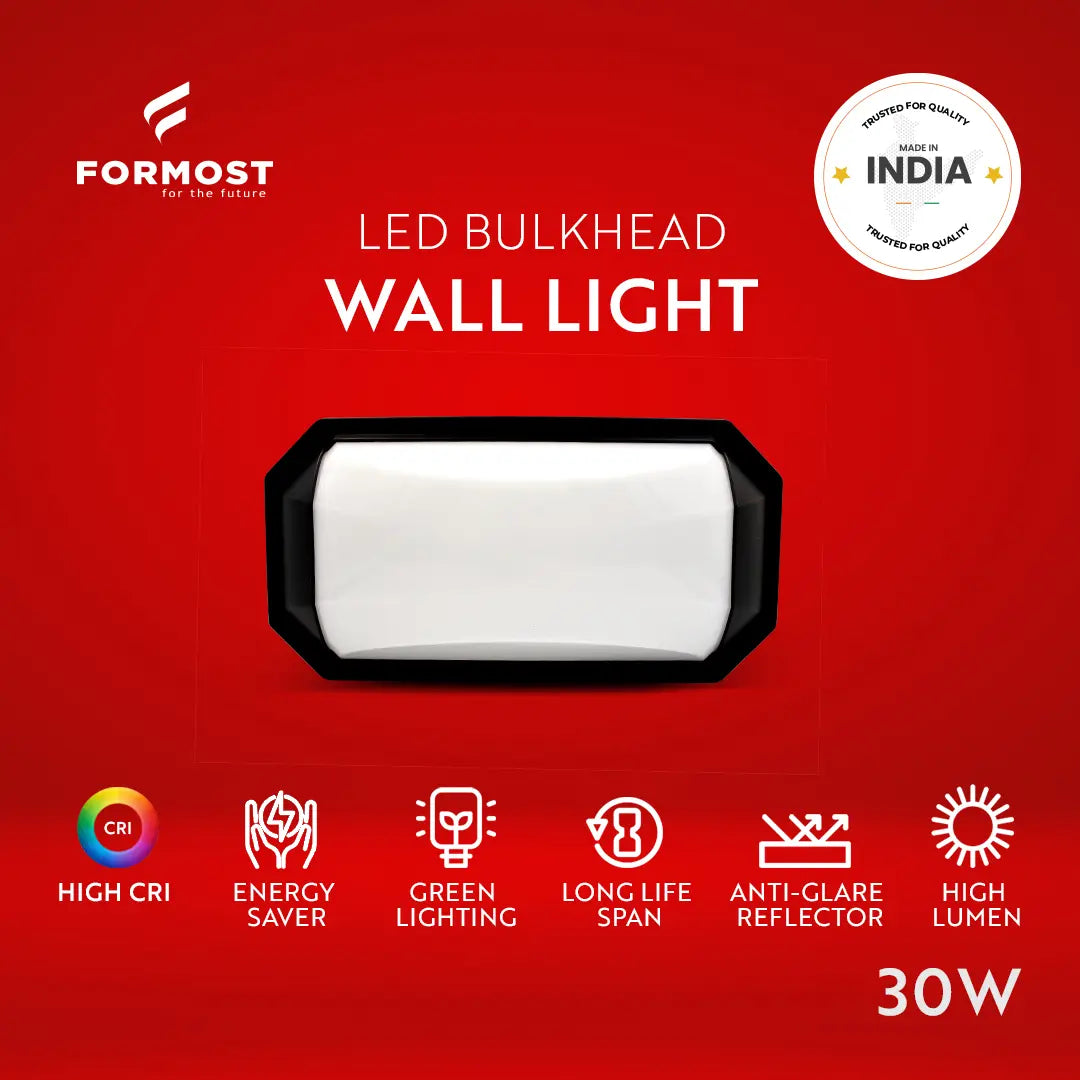 LED bulkhead wall light with Formost  features on a red background