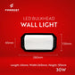 LED bulkhead wall light with dimensions and Formost branding on a red background