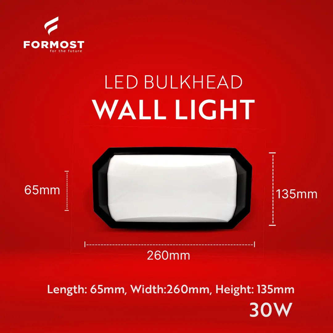 LED bulkhead wall light with dimensions and Formost branding on a red background