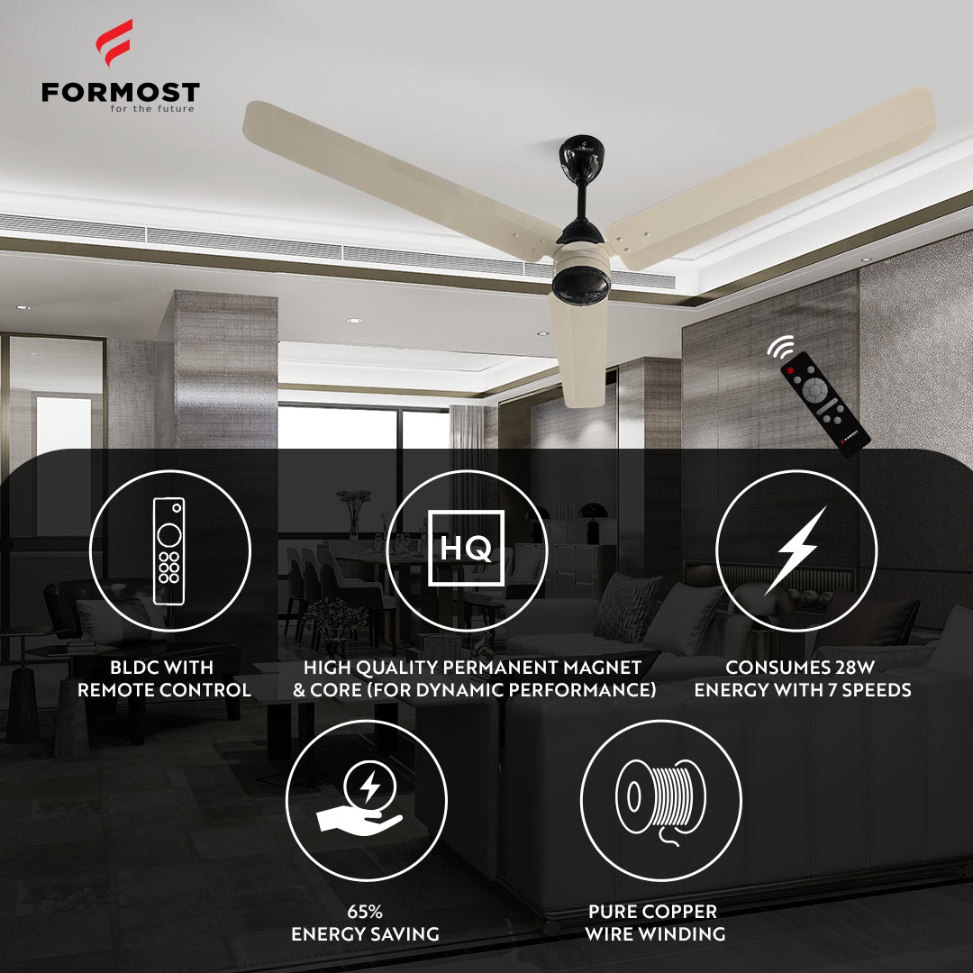 FORMOST 1400mm BLDC Motor Ceiling Fans with Remote White And Black Color Formost For the future