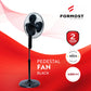 Black pedestal fan on a red and white background with Formost branding.