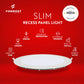 Formost slim recess panel light on a red background with features listed.