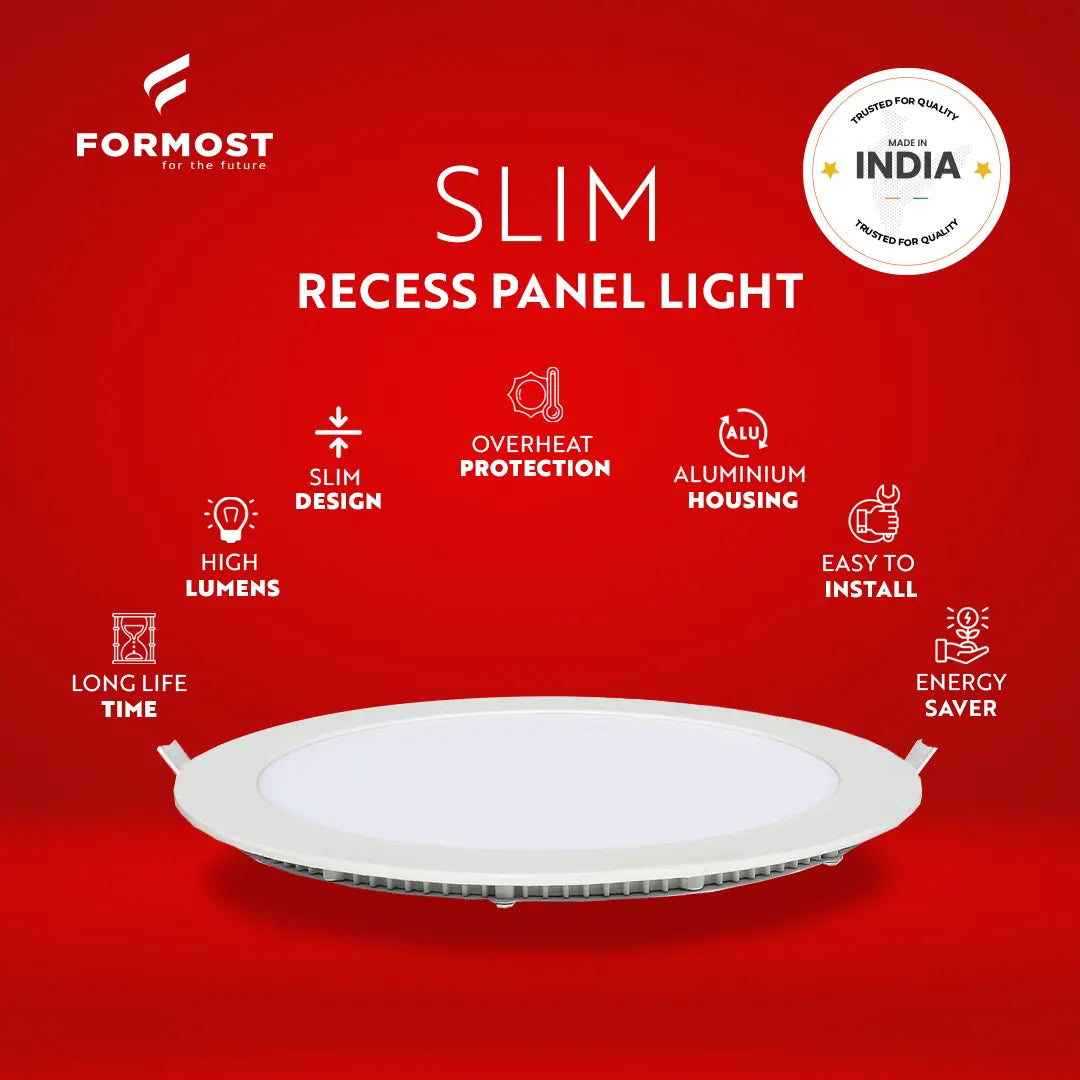Formost slim recess panel light on a red background with features listed.