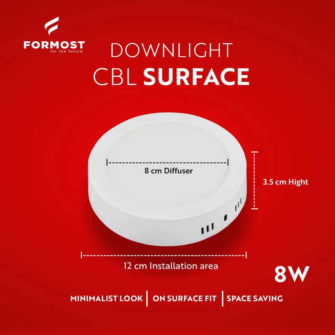 Formost downlight CBL surface on a red background with dimensions and features listed.