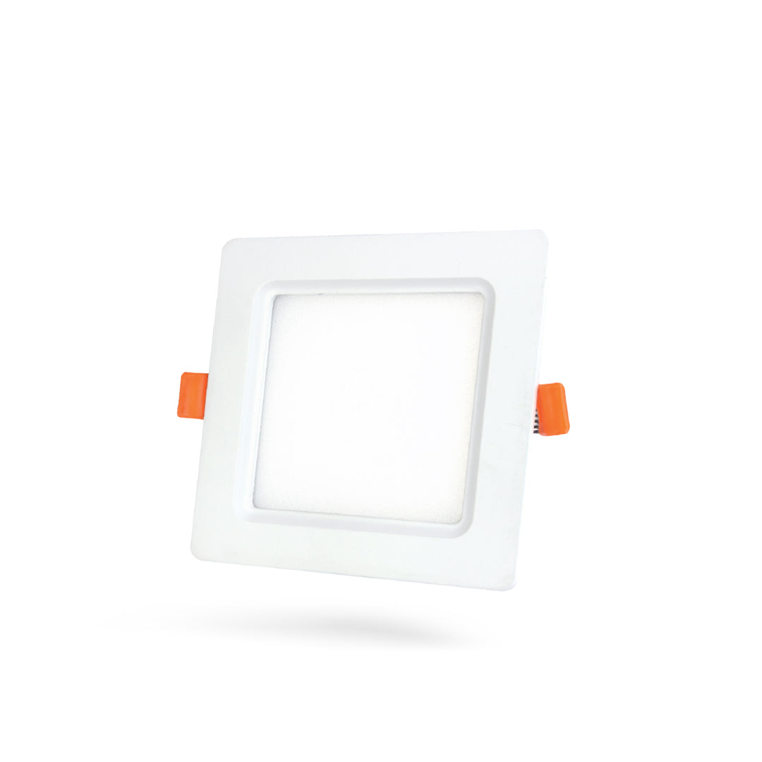 Square recessed ceiling light with orange accents on a white background