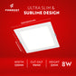 Square LED light fixture with dimensions and Formost branding on a red background