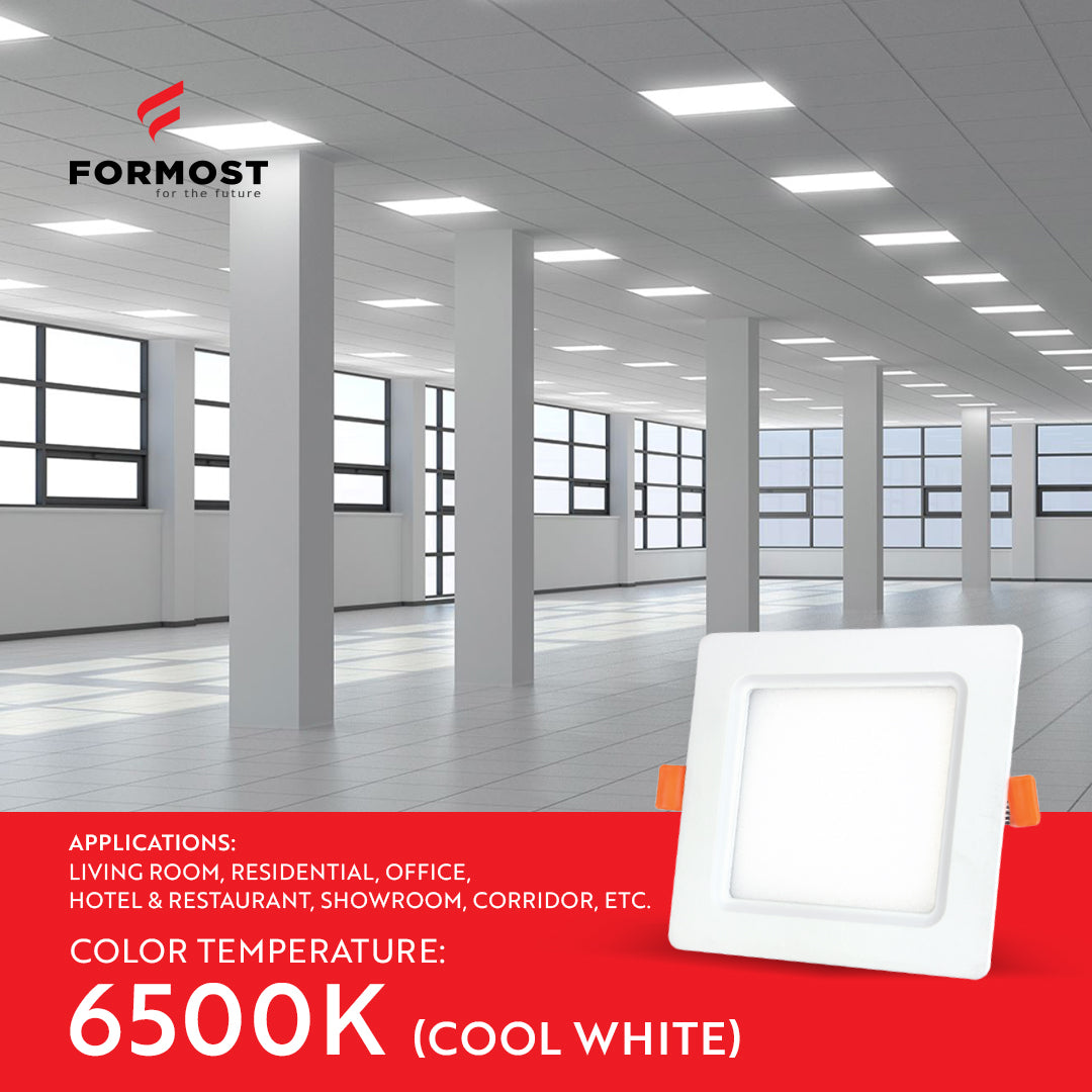 Formost LED light fixture in an office setting with product details on a red banner.