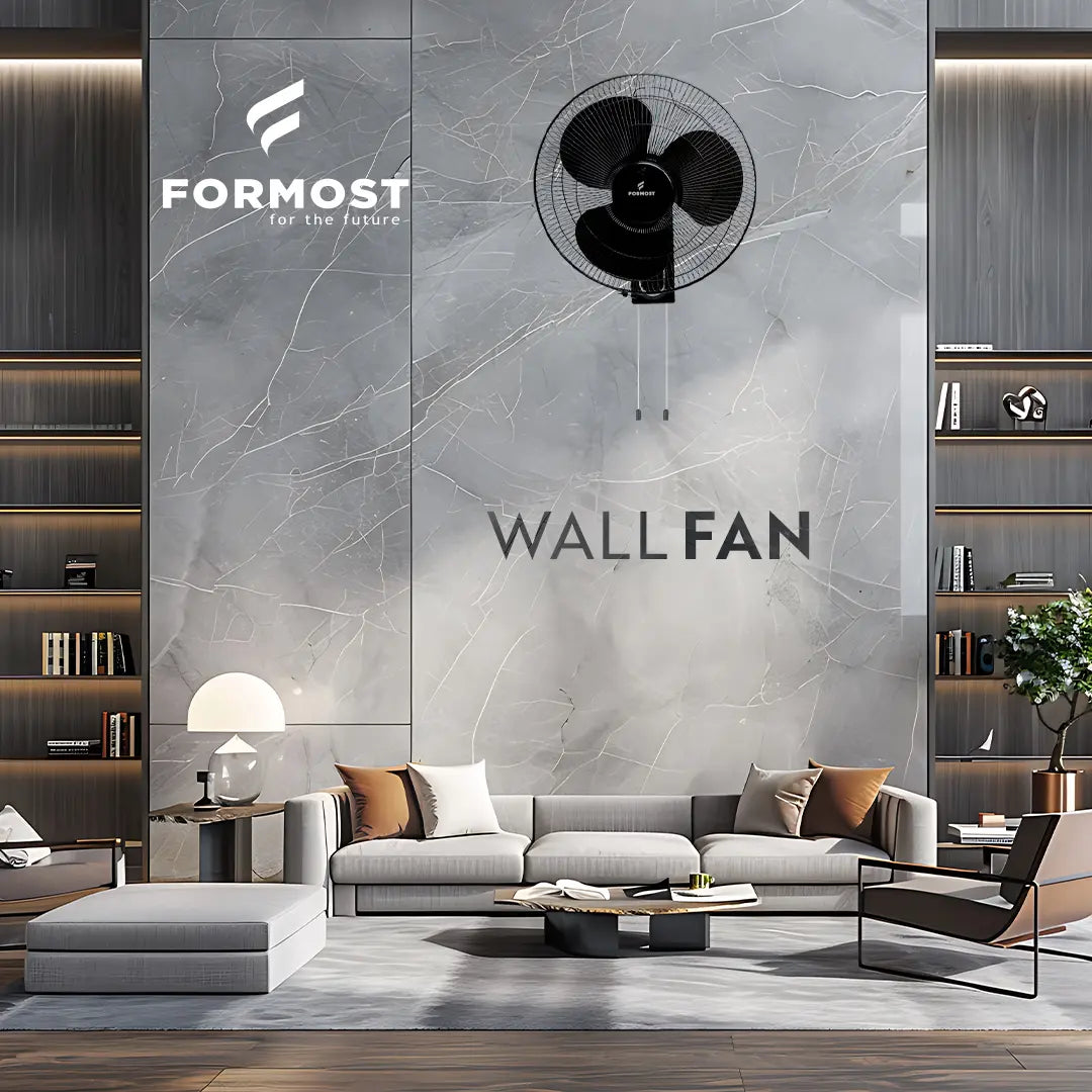 Modern living room with a wall-mounted fan and Formost branding.
