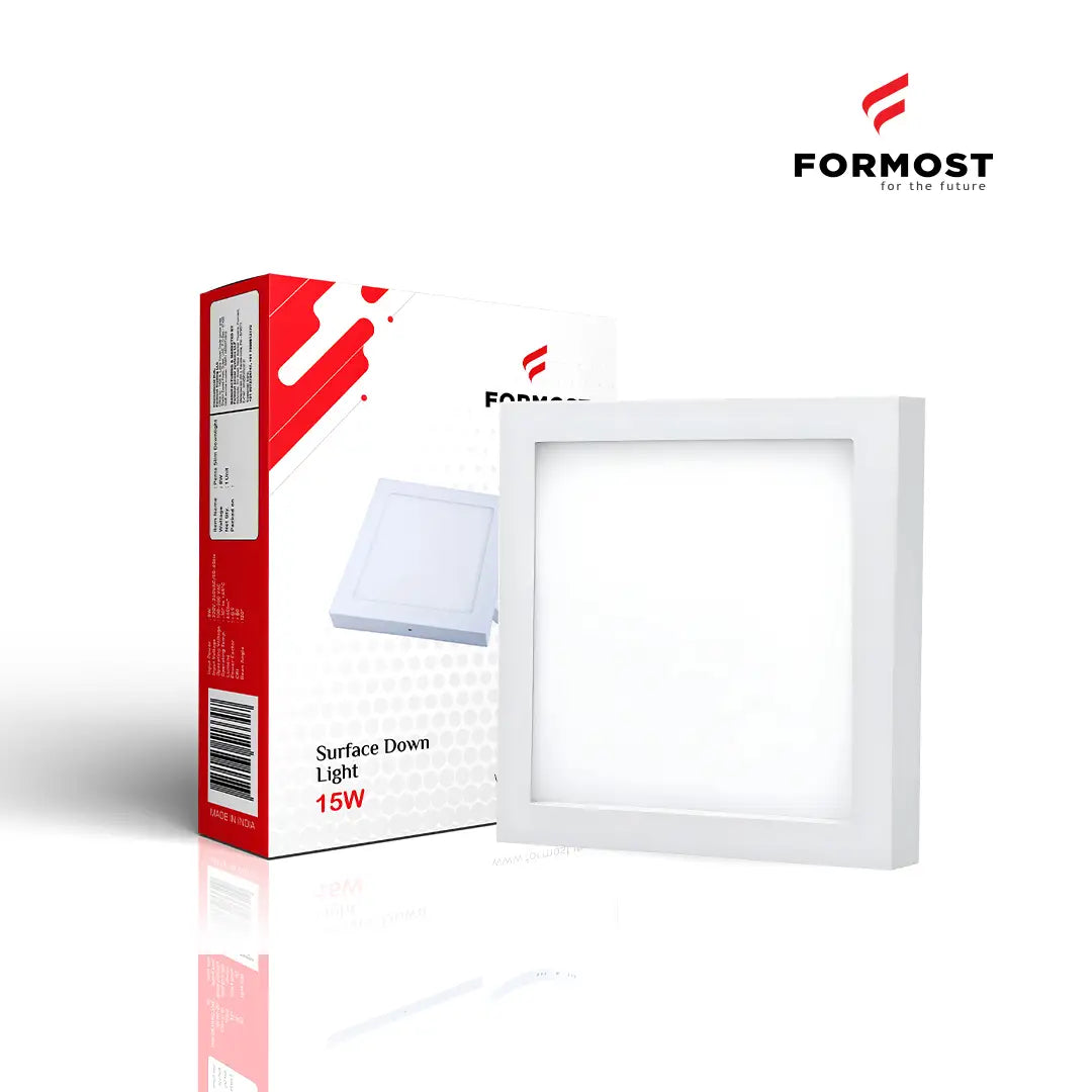 Formost surface downlight packaging with light fixture on a white background