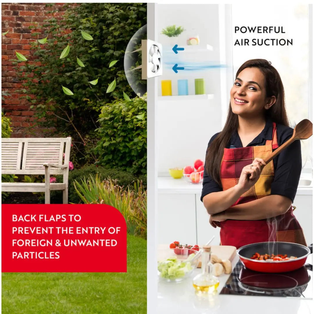 Woman cooking in a kitchen with text about air suction and back flaps.