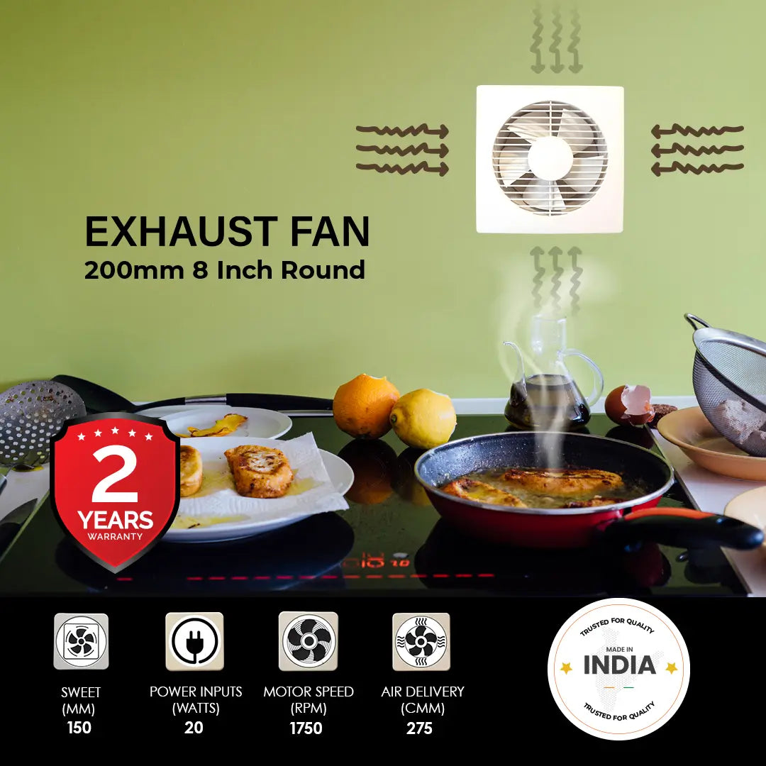 Exhaust fan with kitchen scene and product details on a green background