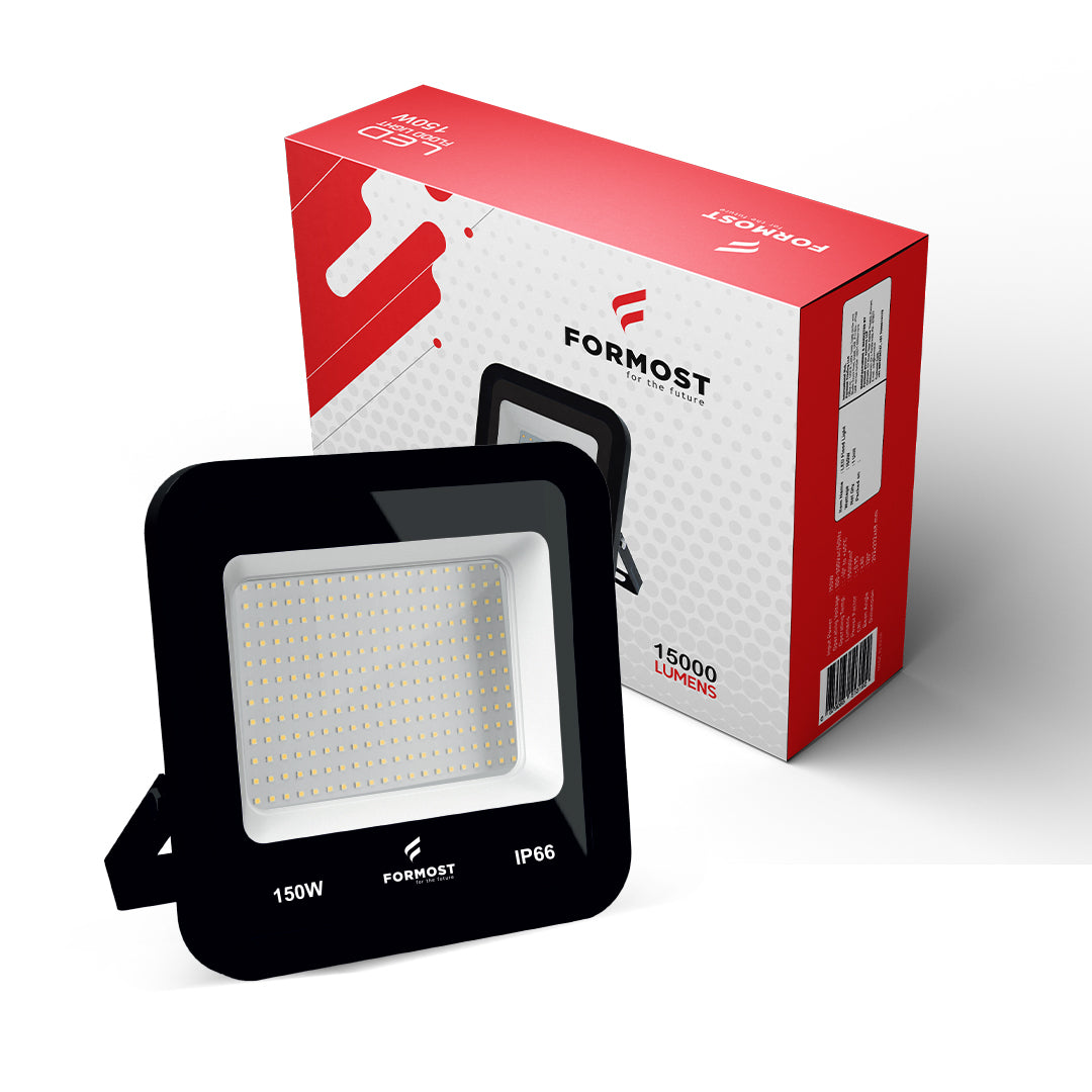 Black flood light with Formost branding on a white background