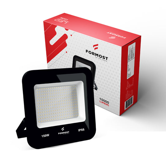 Black flood light with Formost branding on a white background