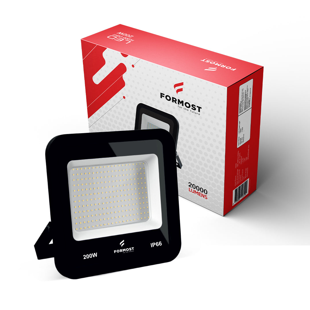 Black flood light with Formost branding and a red and white box in the background