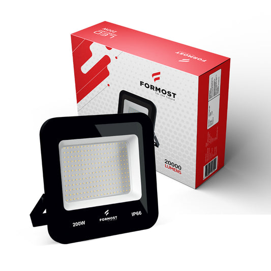 Black flood light with Formost branding and a red and white box in the background