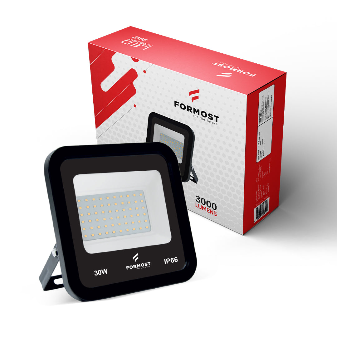 Black flood light with Formost packaging on a white background