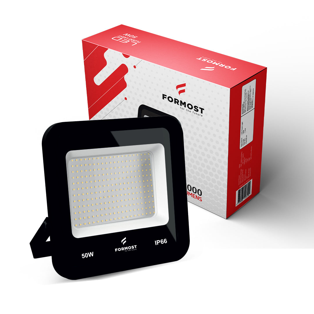 Black LED flood light with Formost packaging on a white background