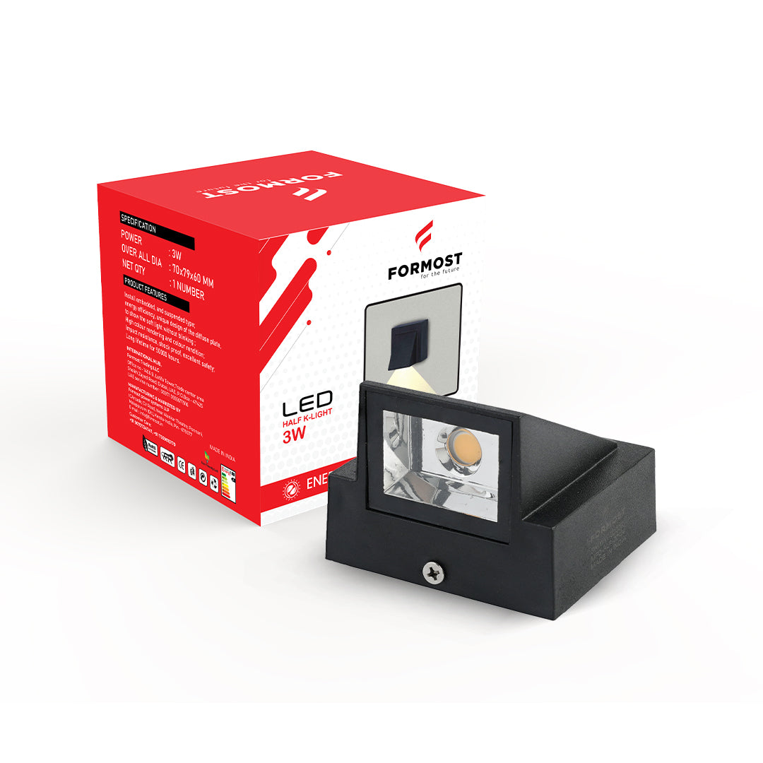 Black LED light fixture with Formost branded packaging on a white background