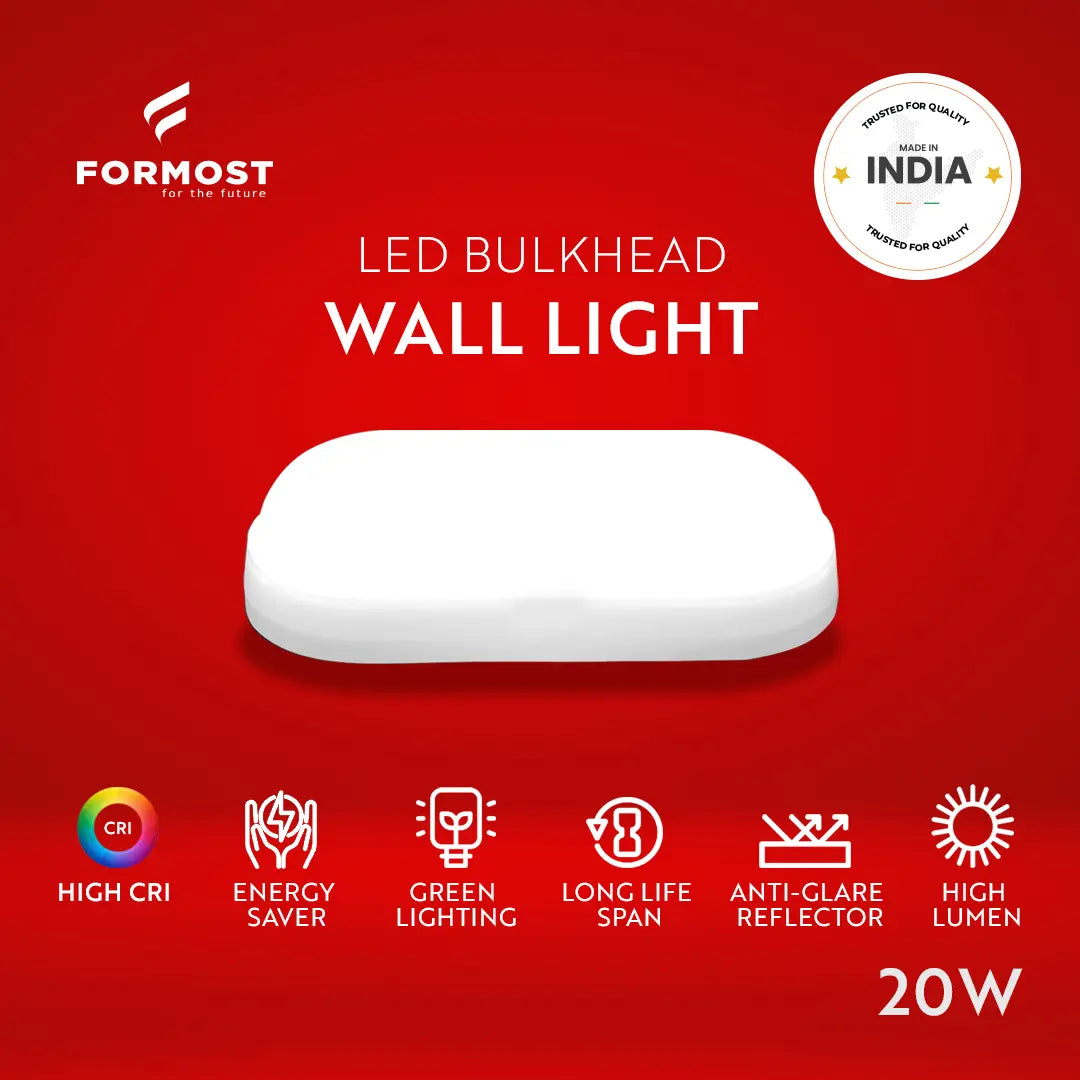 Formost LED bulkhead wall light on a red background with features listed.