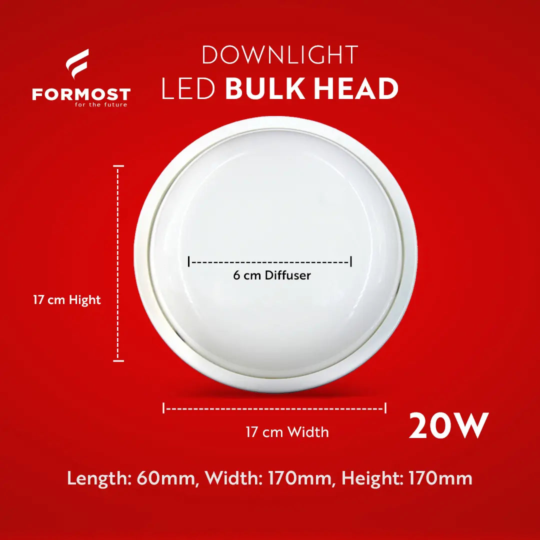 Formost LED bulk head downlight with dimensions on a red background