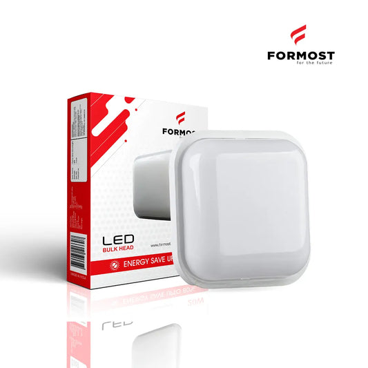 LED bulk head light with packaging and Formost logo on a white  back ground background