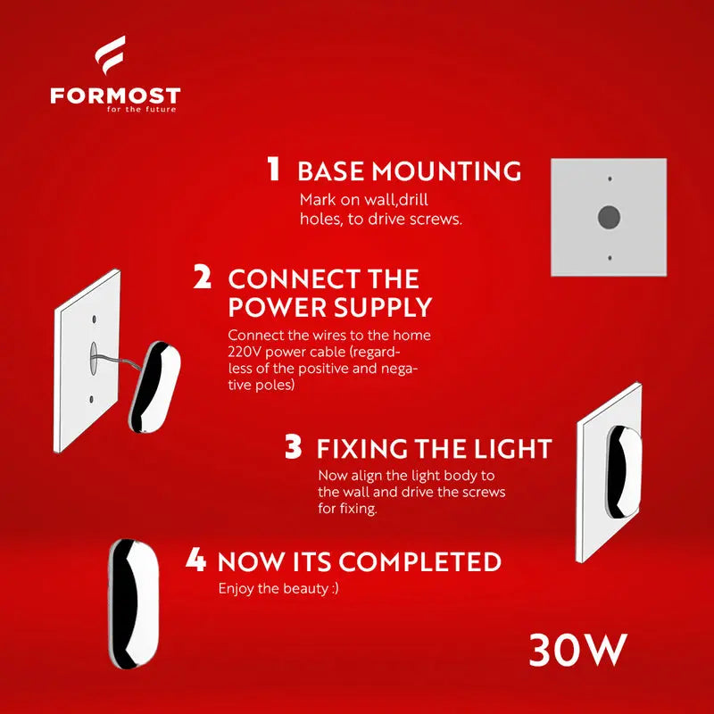 Step-by-step guide for installing a light fixture by Formost on a red background.